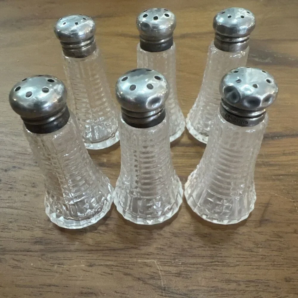 EARLY 20th CENTURY PRESSED GLASS /STERLING SILVER TOPS / SALT AND PEPPER SHAKERS